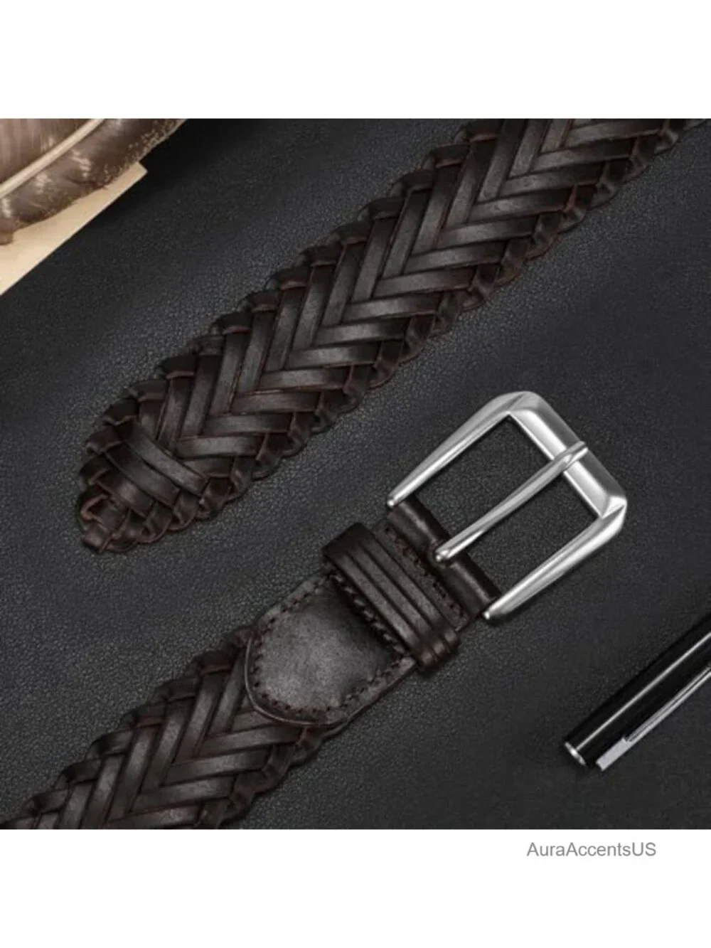 Men's Braided Leather Belt Adjustable Woven Belt 1.4